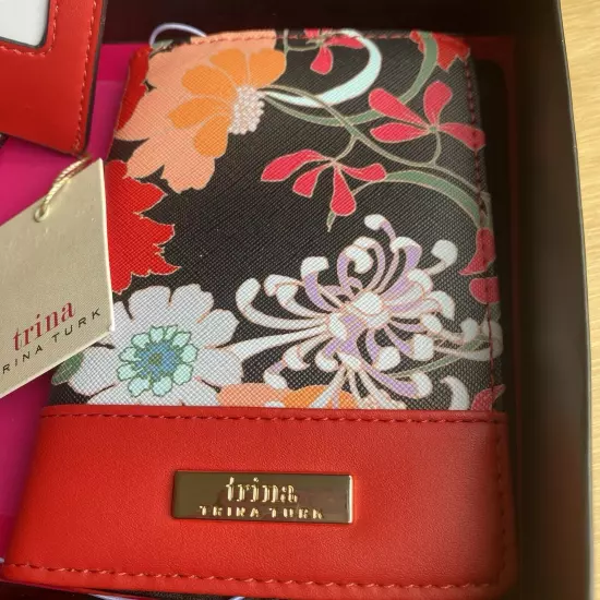 TRINA TURK Passport Cover Holder Luggage Tag Red Black Floral NIB