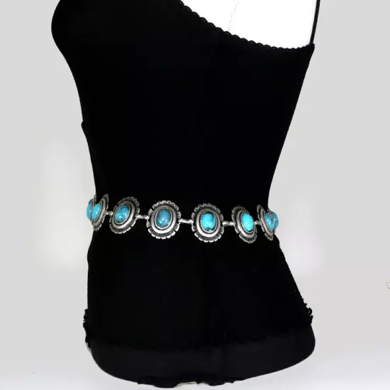 Women's Navajo Style Antique Silver & Turquoise Concho Belt S/M/L- MADE IN ITALY