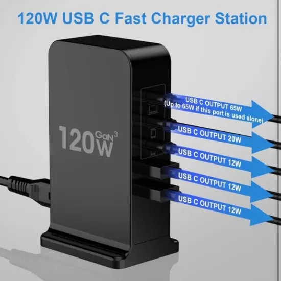 USB C Charger Block, 120W GaN 5 Port PD USB-C and QC USB-A Charging Station