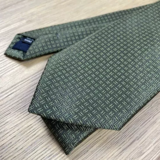 Hermes Dress Tie Silk Army Green With Box Logo Pattern Event Designer Authentic