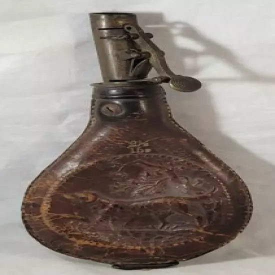 Vintage Leather Gun Powder Flask Hunting Dog Scene Brass Nozzle 2.5 lbs