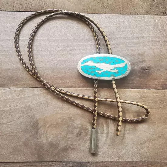 VINTAGE Roadrunner Bolo Tie Blue Turquoise Sterling Silver - Mexico - READ