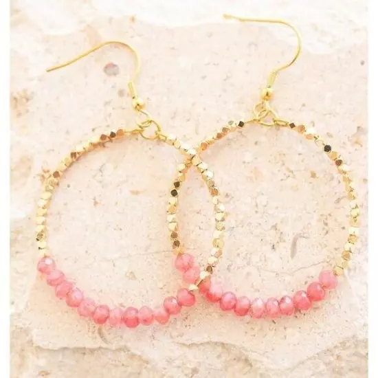 Red Jade Pink Sparkly Gold Beaded Earring Gemstone dangle hoops vacation jewelry