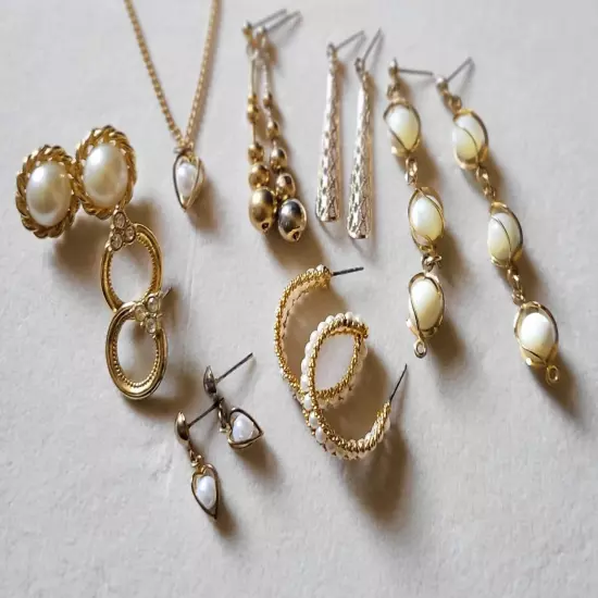 15pc. Lot | Pierced Earrings Necklace | Pearl Hoops | Gold-tone | Rhinestones