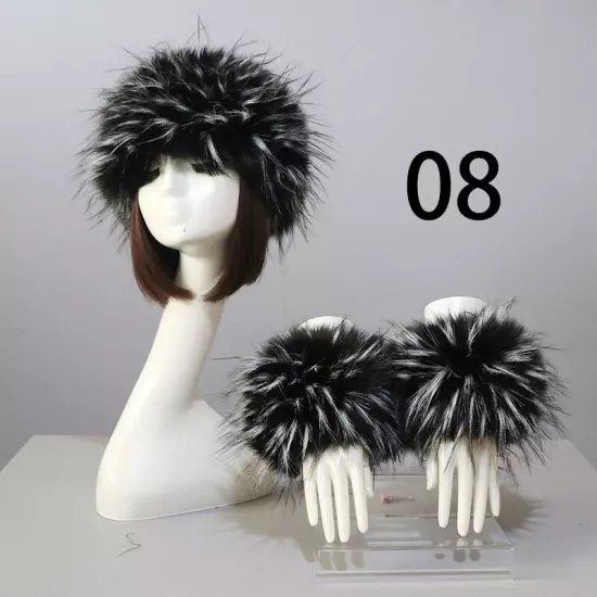 Women Wam Faux Fur Hat Cuff Set Winter Warmer Hat Arm Wrist Sleeve Gloves