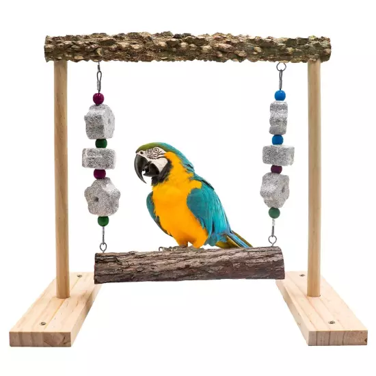 Bird Swing Toy, Wooden Parrot Perch Stand with Calcium Stone Chewing Toys, Bi...