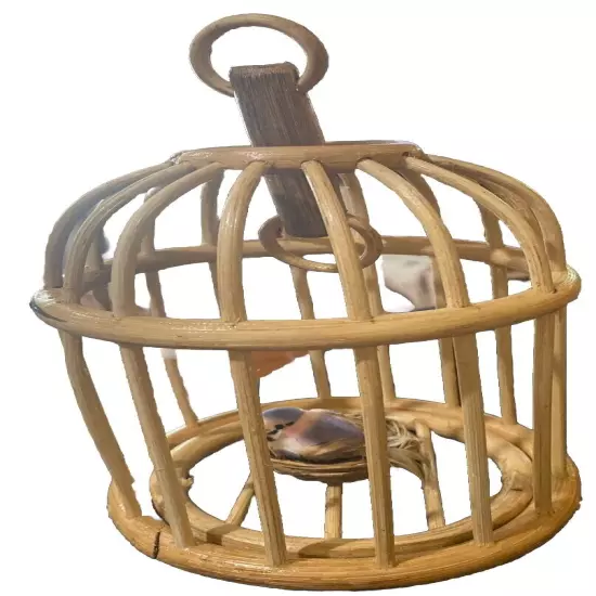 Vintage Wicker Rattan Bird Cage With Tiny Bird On A Nest. 7” Tall