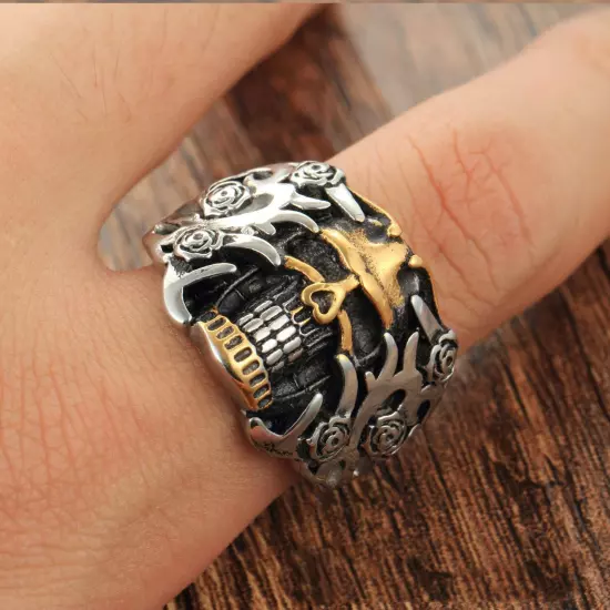 Mens Stainless Steel Gothic Rings Steam Punk Biker Flower Skeletons Gold Jewelry