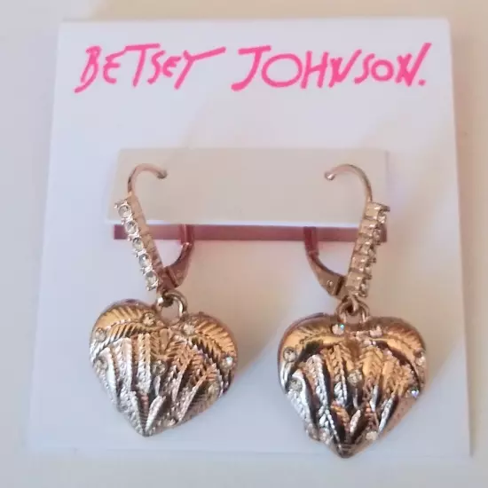 Betsey Johnson Fly With Me Gold Tone Heart Wings Earrings NEW NOS