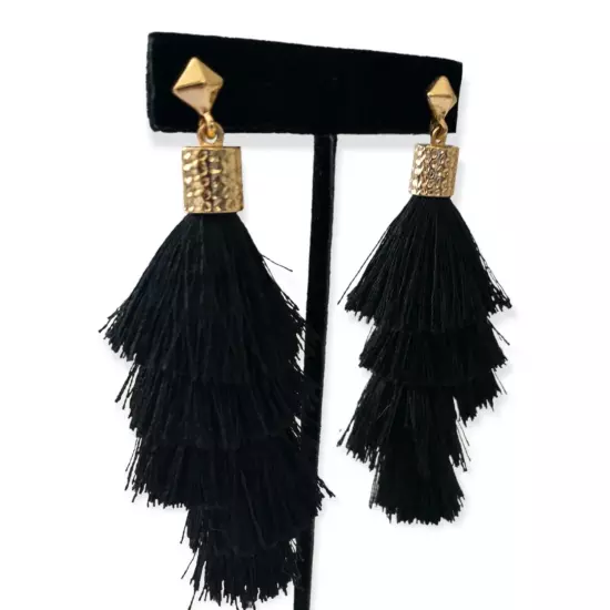 Tassel Dangle Earrings Long Witchy Black Gold Tone Lightweight Gypsy Boho Hippie