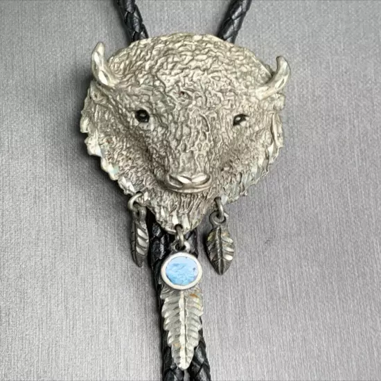 Vintage Native American Buffalo Bolo Tie Pewter Turquoise Unique Feather Aglets