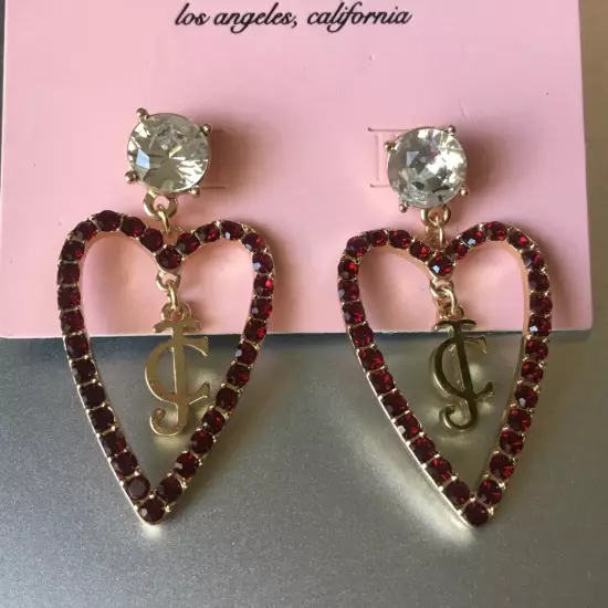 Juicy Couture Heart Earrings Red Rhinestone with JC Dangle NEW