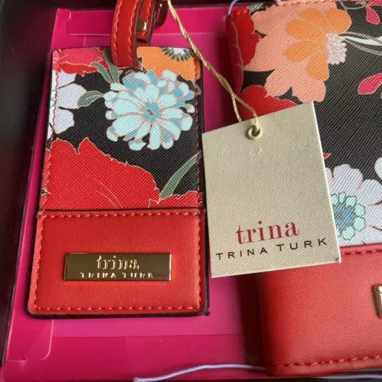 TRINA TURK Passport Cover Holder Luggage Tag Red Black Floral NIB