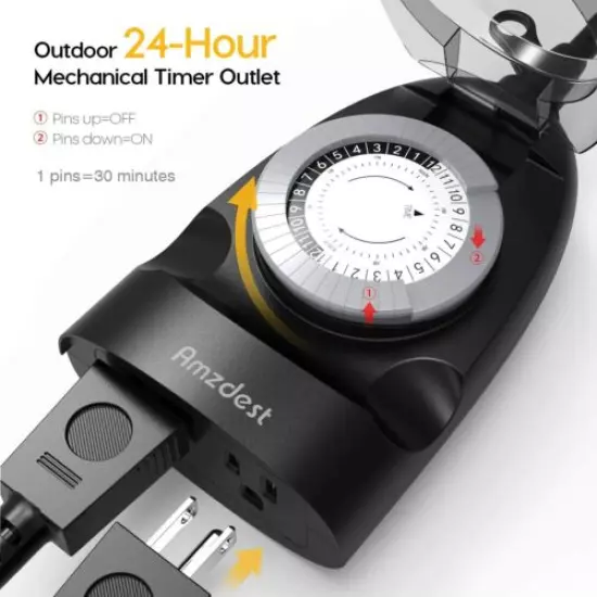 Amzdest Outdoor Timers Waterproof,24-Hour 15A Mechanical Timer with... 