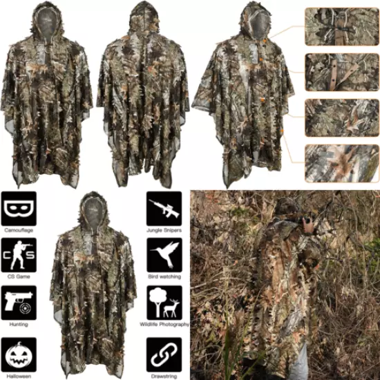 Gilly Suit 3D Leafy Camo Poncho Hunting Ghillie Suits XL/XXL Hiding Wildlife TOP