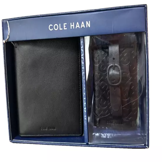 Cole Haan Unisex Leather Passport Case Wallet with Luggage Tag Black $128