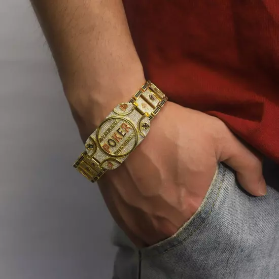 Wold Poker Champion Bracelet Brass Iced 8.5" Simulated Diamond Gold Plated Bling