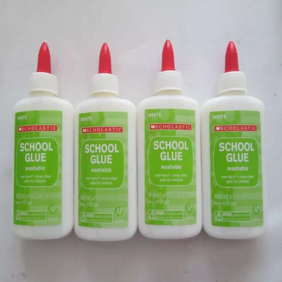 Scholast 4/Bottle Washable Liquid School Glue 4 oz. Safe and Non Toxic, Washable