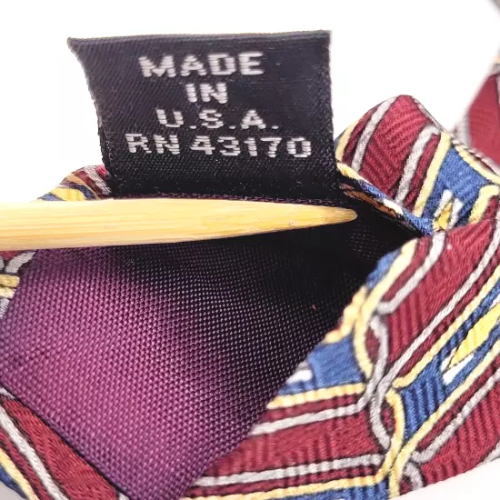 Geoffrey Beene Classic Silk Necktie USA Made Geometric Maroon Blue Yellow Shades