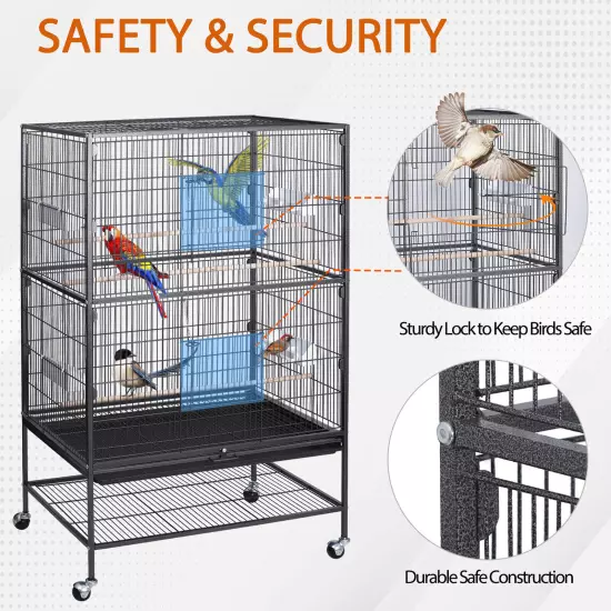 Black Large Rolling Metal Bird Cage Parakeet Cockatiel Cage with Draw-out Tray