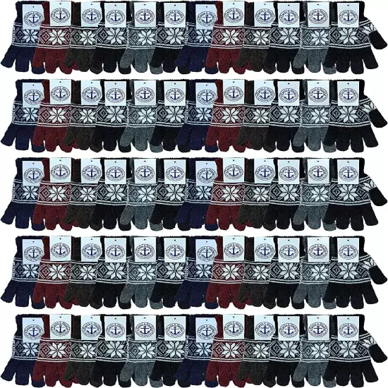 60 PK Snowflake Print Mens Winter Gloves Stretch Cuff - Knitted Stretch Gloves