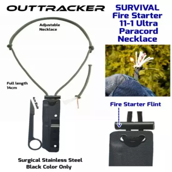 Survival Fixed Blade Knife 11-1 Ultra Fire Starter Paracord Necklace Sheath