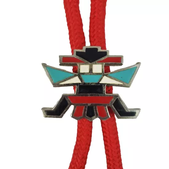 Vintage Bolo Tie Kachina Doll Enamel Inlay Slide Red Cord