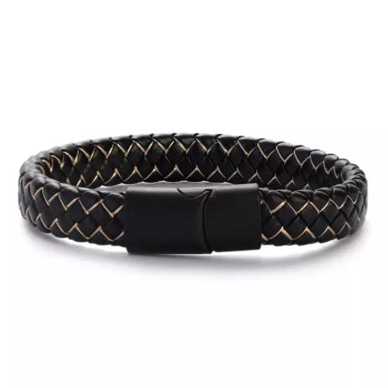 Genuine Leather Braided Bracelet Magnetic Buckle Band Men Stainless Steel Bangle