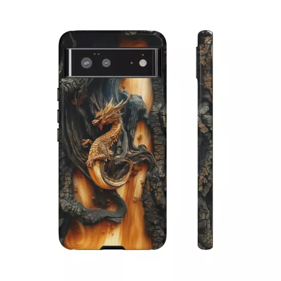 For iPhone, Samsung Galaxy, Pixel - Phone Case Cover - Carved Wood Dragon Print