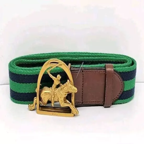 NWT Polo Ralph Lauren Mens Brass Pony Buckle Canvas Belt Green Blue Size 36