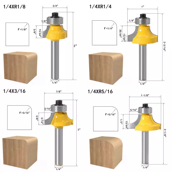 4Pcs 1/4" Shank Roundover Router Bit Set Corner Edging Router Bit Woodworkingφ