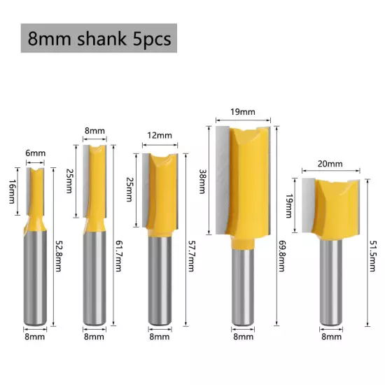 8mm Shank 5PCS Straight Router Bits Set 2Flutes Woodworking Cutter