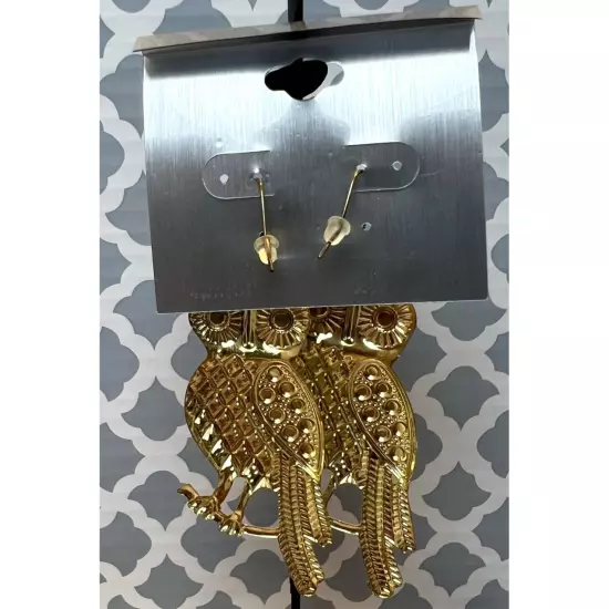 Owl White & Gold Toned Brushed Metal Dangle Earrings New