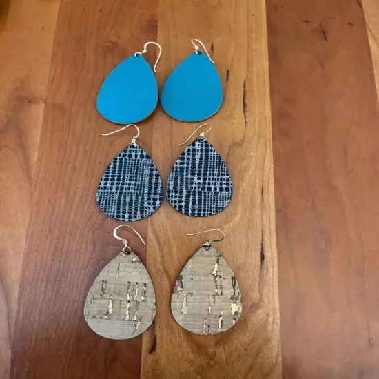 3 Pair Nickle and Suede Earrings Cork Blue Metallic 2 inches small