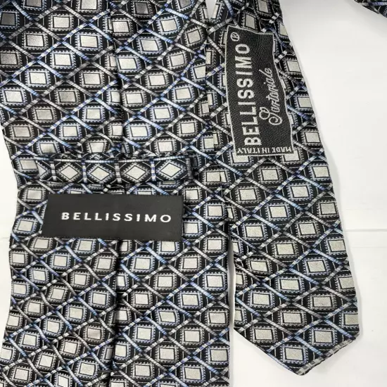 Bellissimo Silver Gray Geometric Square Diamond Repp Necktie Silk Tie 3.8" x 59"