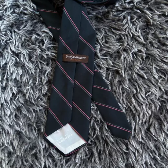 Vintage Yves Saint Laurent YSL Men's Silk Tie Striped Gray Pink Italy Designer