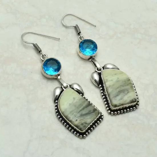 Larsonite Jasper Blue Topaz Handmade Drop Dangle Earrings Jewelry 2.4" AE-52524