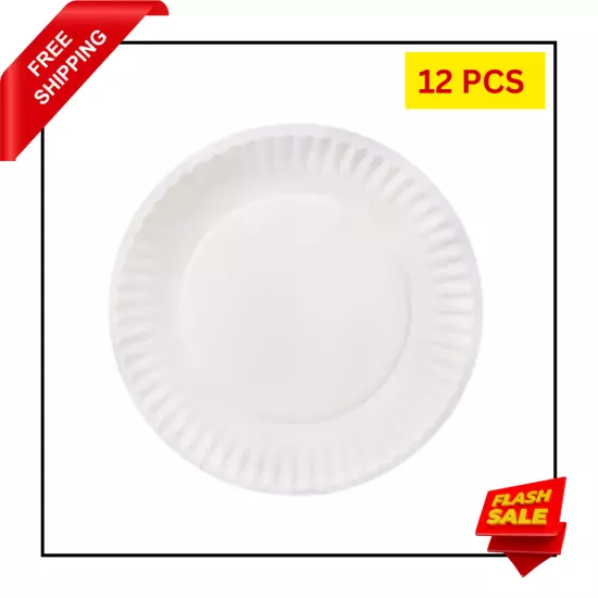 12 PCS Disposable 8" White Paper Plates - Stackable, Microwave-Free Shipping