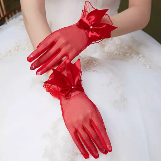 Women Short Bow Lace Floral Gloves Gothic Bride Wedding Mittens Sunscreen Gloves