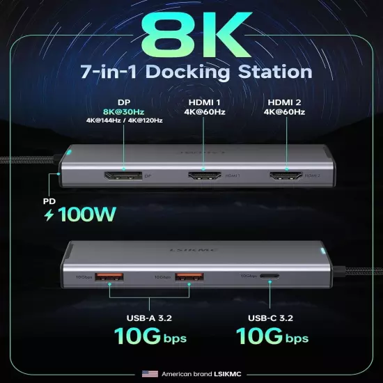 7 in 1 USB-C Docking Station with Dual HDMI 4K@60Hz & Single DisplayPort