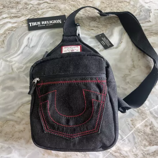 True Religion Men’s Black Adjustable Strap Pink Logo Crossbody Shoulder Bag NWT