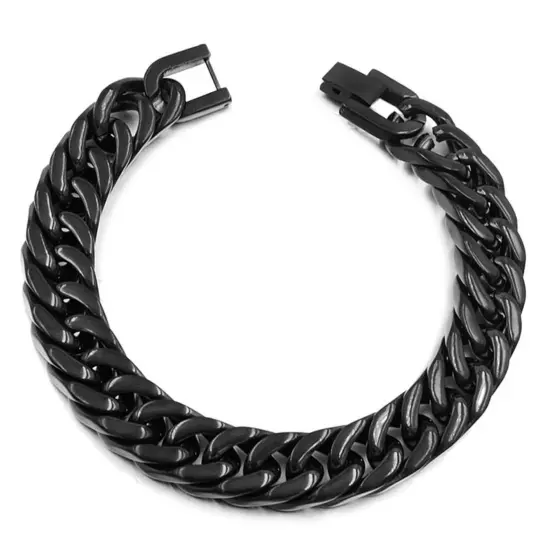 Heavy Black/Silver 316L Stainless Steel Curb Cuban Chain Bracelet for Cool Mens