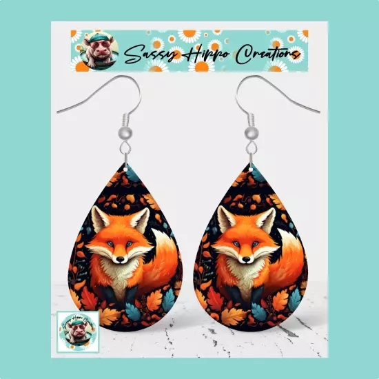 Earrings Autumn Red Fox Fall Season Leaves MDF Hook Backs Hand Sublimated