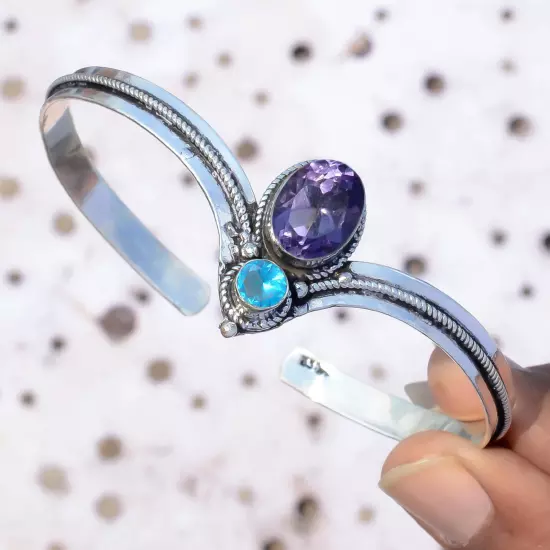 Faceted Amethyst, Blue Topaz Gemstone Bracelet 925 Sterling Silver Cuff Man Gift