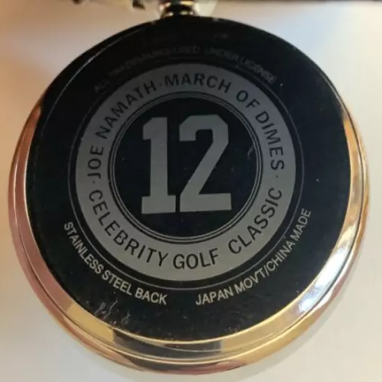 JOE NAMATH 12 NFL POCKET WATCH W/CHAIN-7th CELEBRITY GOLF CLASSIC-STAINLESS-NEW 