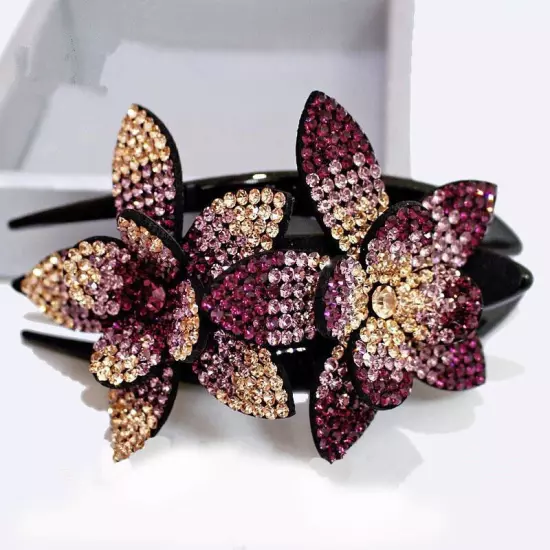 Ladies Rhinestone Double Flower Hair Clip Barrettes Crystal Comb Large Catch 1x-