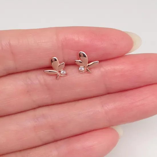 Cz Leaf Vine Stud Earrings 925 Sterling Silver Tiny Studs Womens 8.5mm Rose Gold