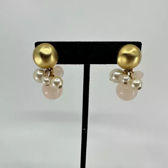 VTG Earrings Beaded Dangle Pink White Hammered Metal Gold Tone Stud Pierced Ear