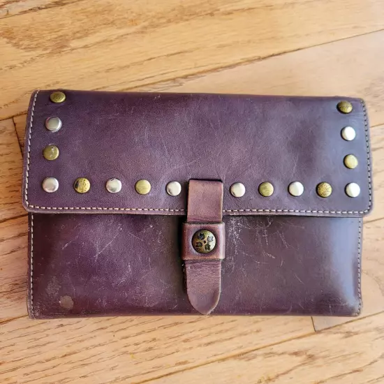 Patricia Nash Studded Distressed Leather Trifold Wallet Clutch Billfold