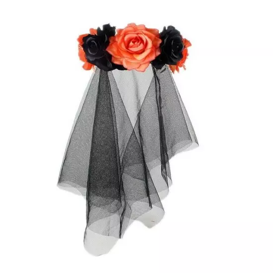 Ladies Mexican Day Of The Dead Black Veil Rose Headband Halloween Headpiece